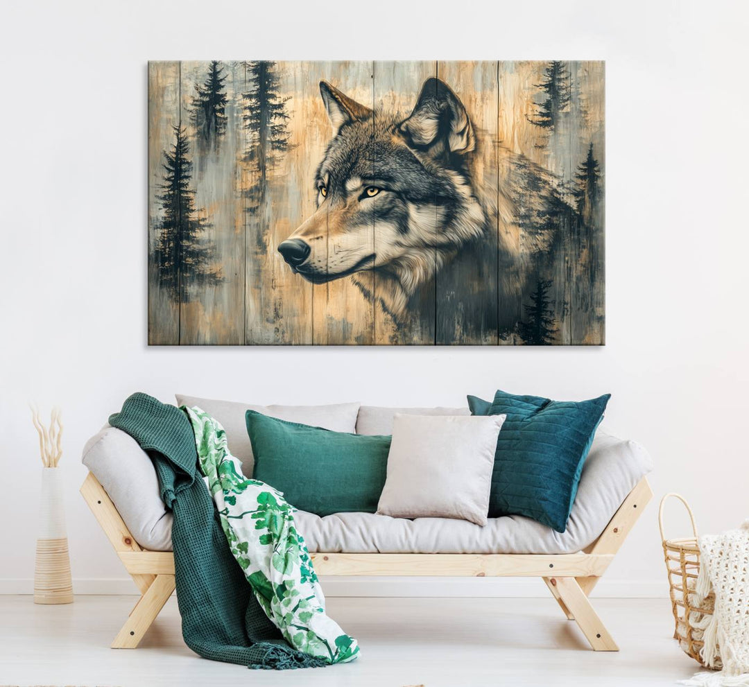 Above the counter is a Wood Style Rustic Wolf Wall Art Canvas Print.