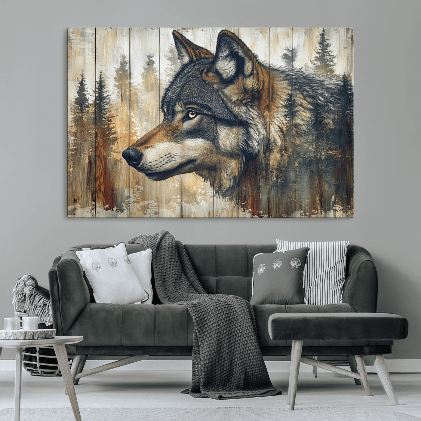 MGV-CV-36X24 - Rustic Wolf Wall Art Canvas Print, Vintage Woodland Wolf Wall Art