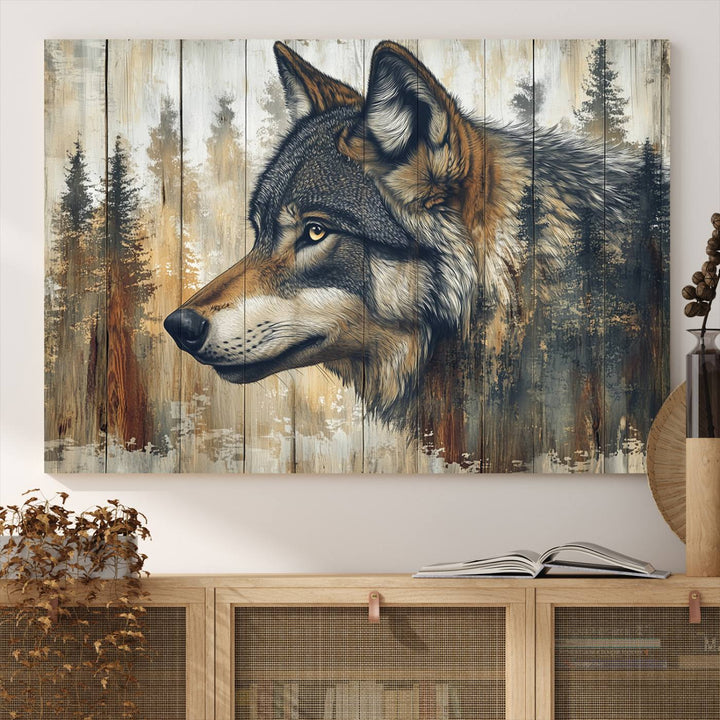 A kitchen dining area features Rustic Wolf Wall Art.