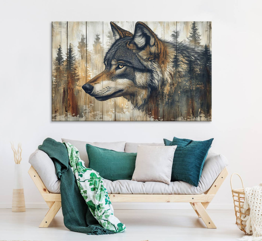 A Rustic Wolf Wall Art Canvas Print in earthy tones adorns the wall above the countertop.