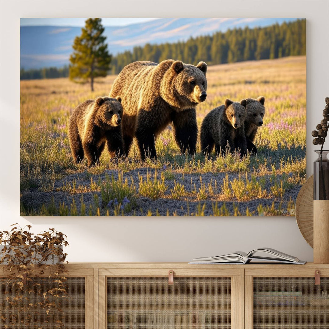 The Grizzly 399 in Wild Flowers wall art canvas print.