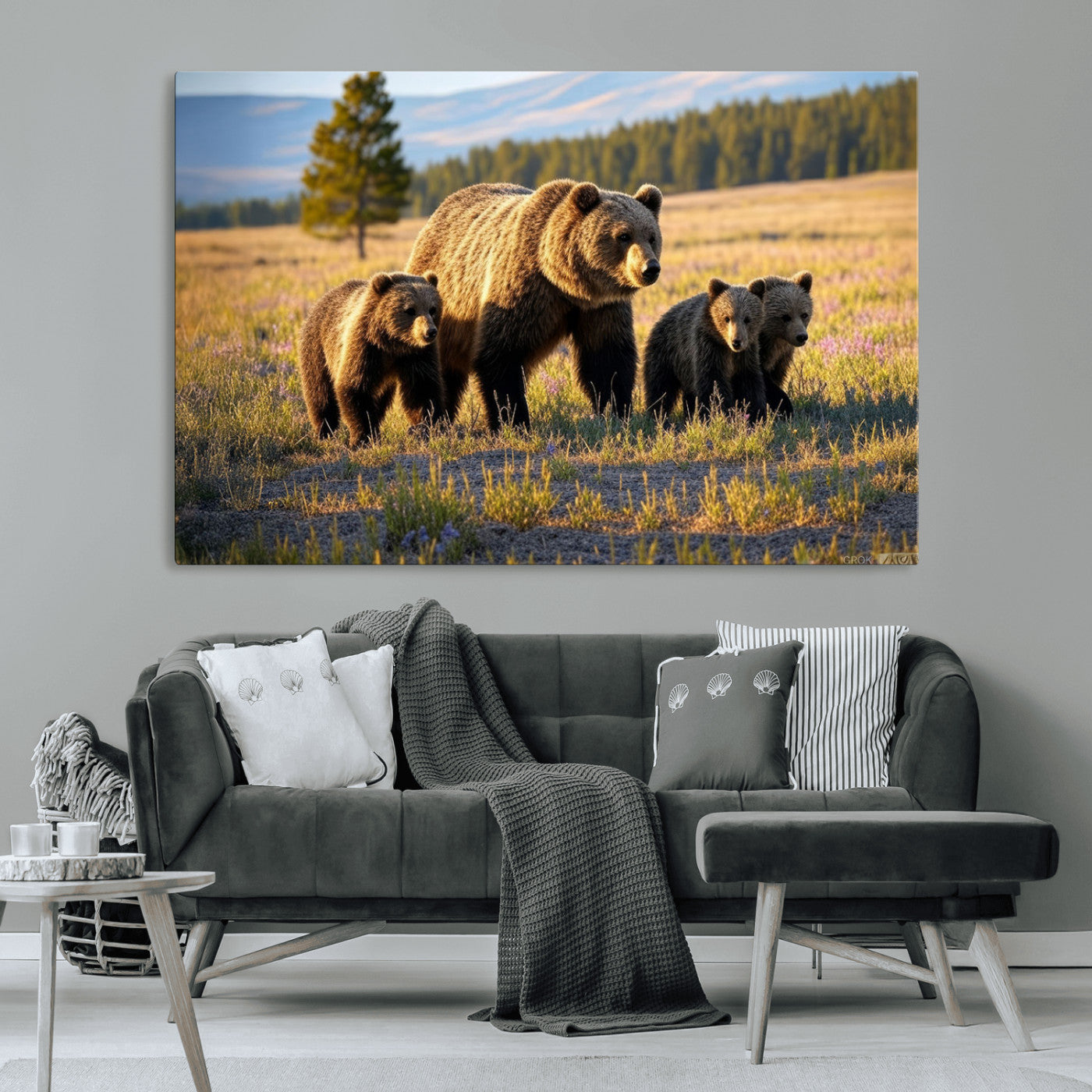 MGV-CV-36X24 - Grizzly 399 in Wild Flowers Wall Art Canvas Print, Grizzly Bears Wall Art, Queen of Grand Teton
