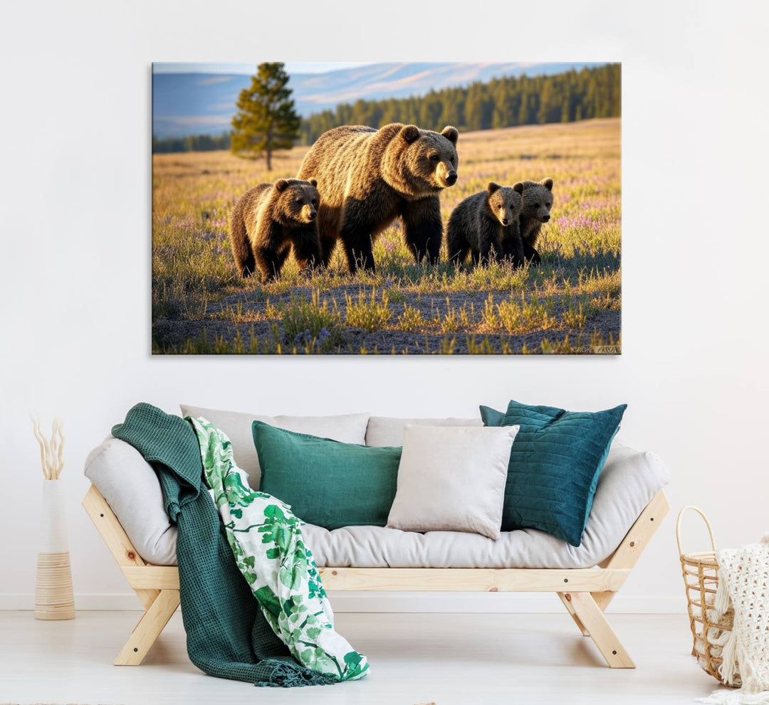 The dining room showcases the Grizzly 399 in Wild Flowers wall art.