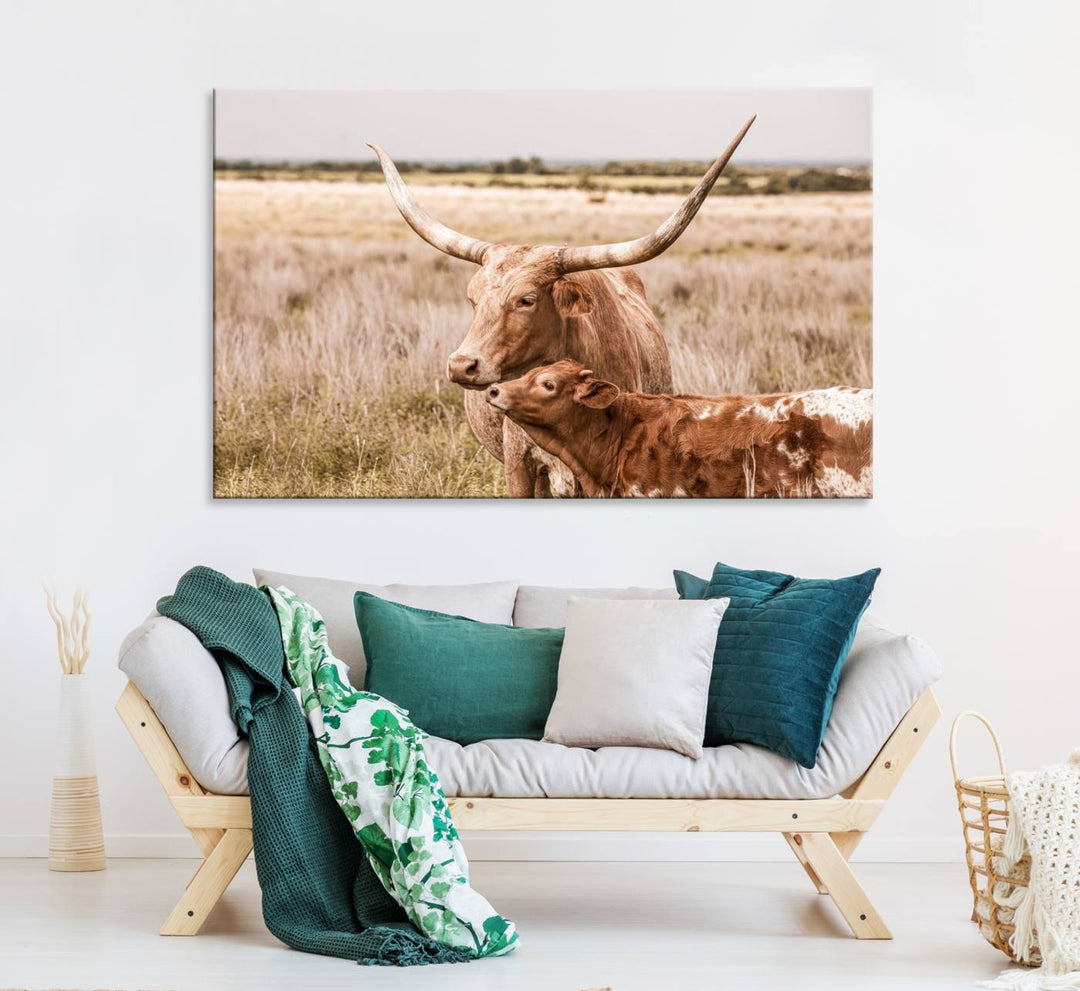 Dining area featuring a Texas Longhorn Cow Wall Art Canvas Print.