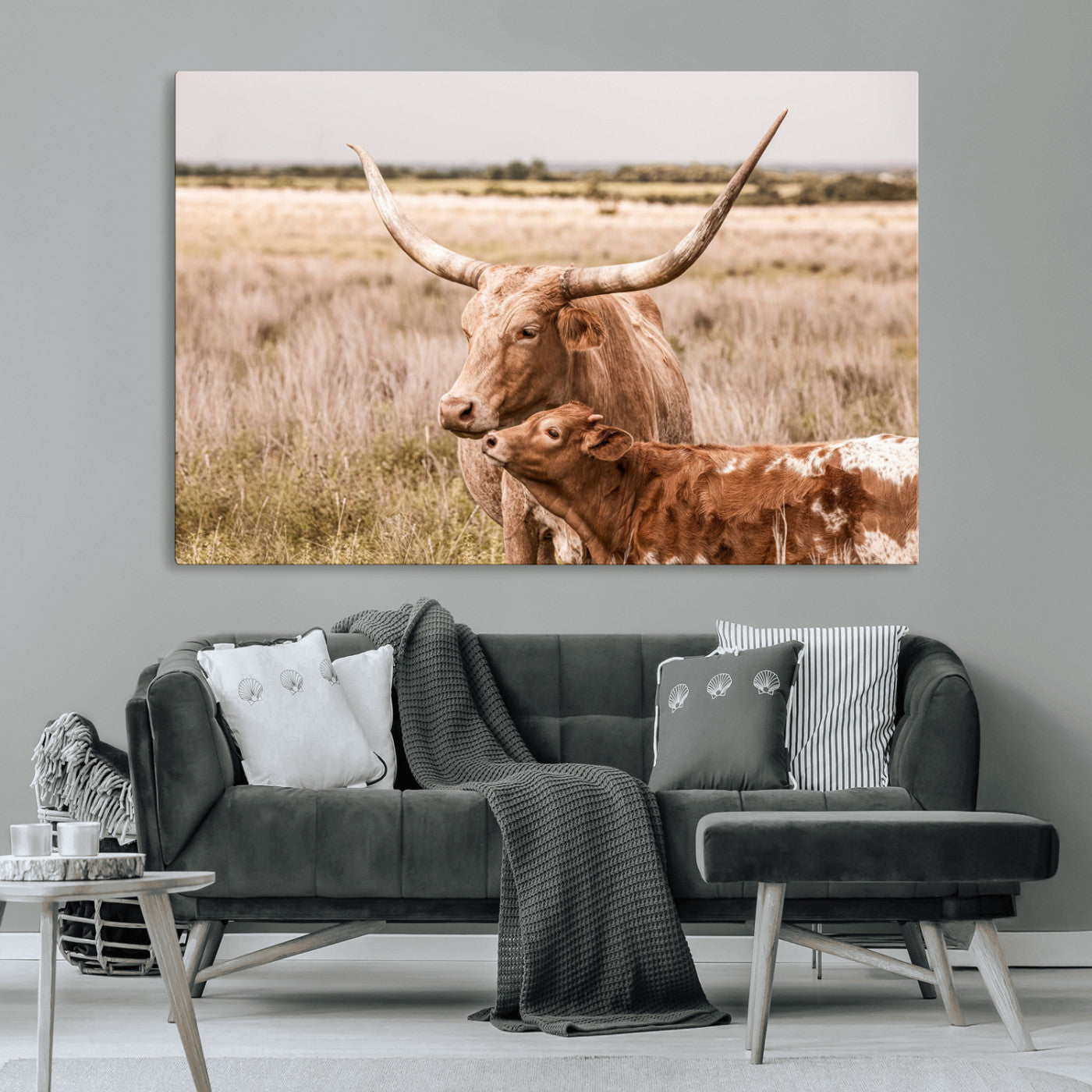 MGV-CV-36X24 - Texas Longhorn Cow Wall Art Canvas Print for Farmhouse Wall Art, Texas Decor, Western Wall Art Print