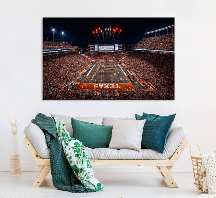 A Texas Memorial Stadium canvas print with fireworks embellishes the modern living room.