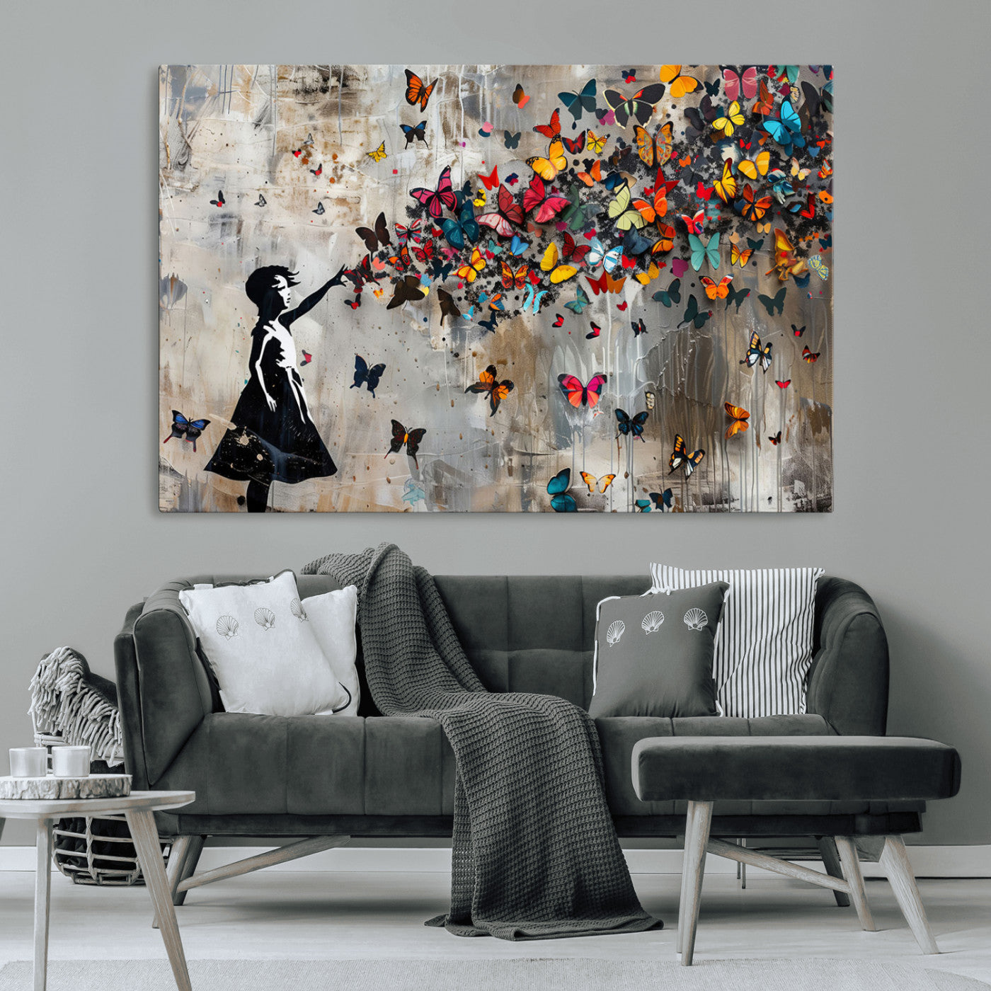 MGV-CV-36X24 - Framed Banksy Butterfly Girl Wall Art ,3-Piece Butterfly Girl Canvas, Modern Graffiti Canvas Print