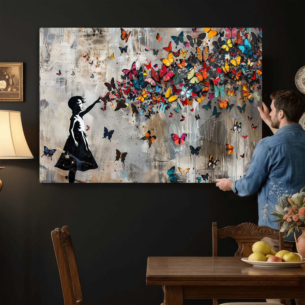 51446D-MGV-CV-24X16 - Banksy Butterfly Girl Wall Art | Modern Graffiti Canvas Print, Street Art Decor