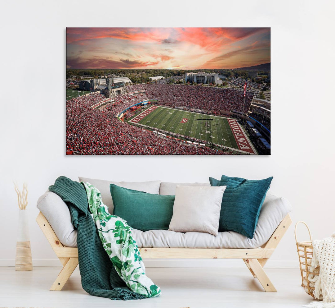 Gallery-quality Indiana Memorial Stadium Wall Art Canvas: A stunning view of the stadium at sunset.