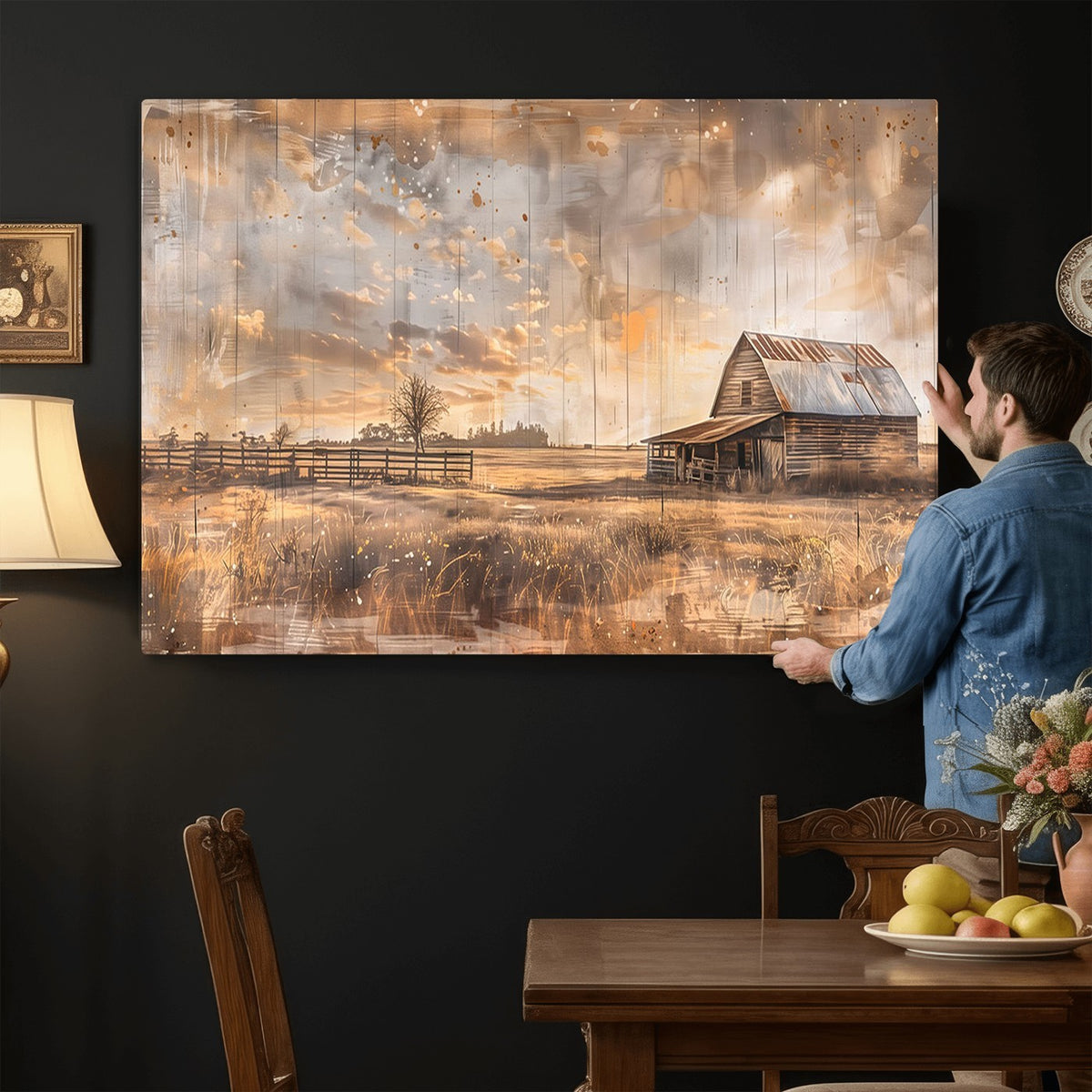 FARM2-MGV-CV-24X16 - Rustic Farmhouse Wall Art Canvas Print | Barn and Field Vintage Country Landscape