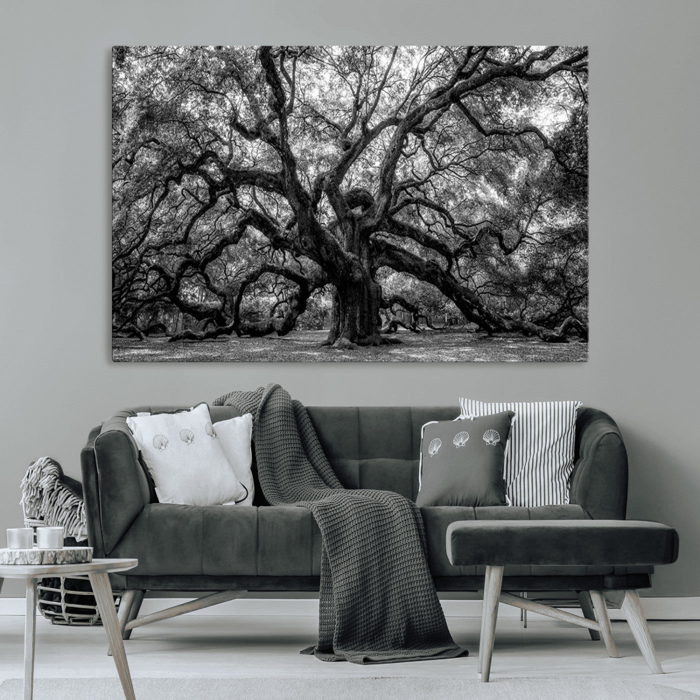 MGV-CV-36X24 - Black and White Old Angel Oak Tree Wall Art Canvas Print