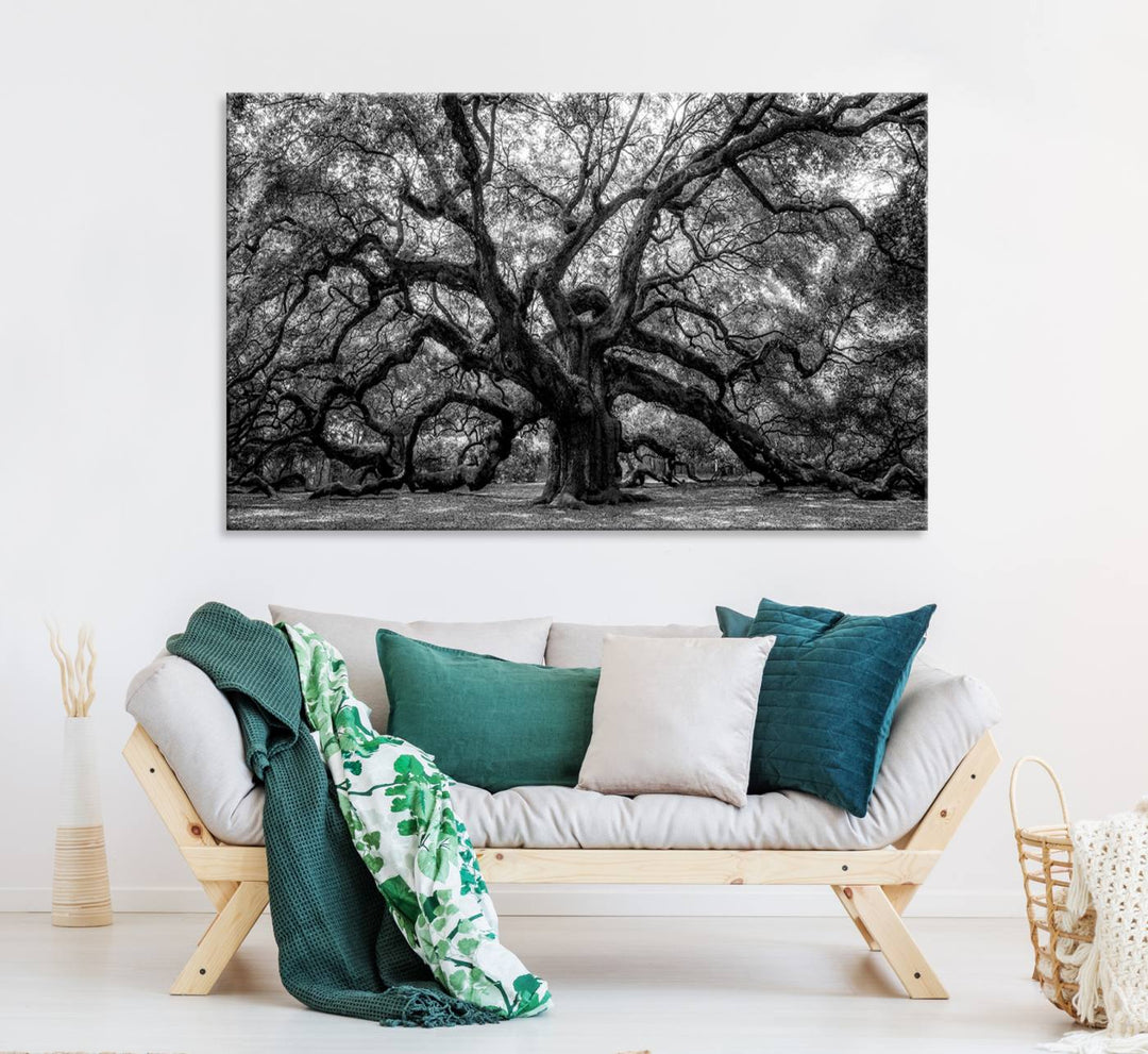 The Black and White Old Angel Oak Tree Canvas Print enhances the modern dining room.