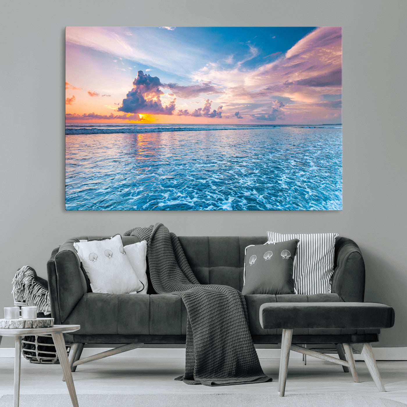 MGV-CV-36X24 - Ocean Sunset Canvas Wall Art Print - Tranquil Seascape with Vibrant Sky and Rolling Waves Canvas