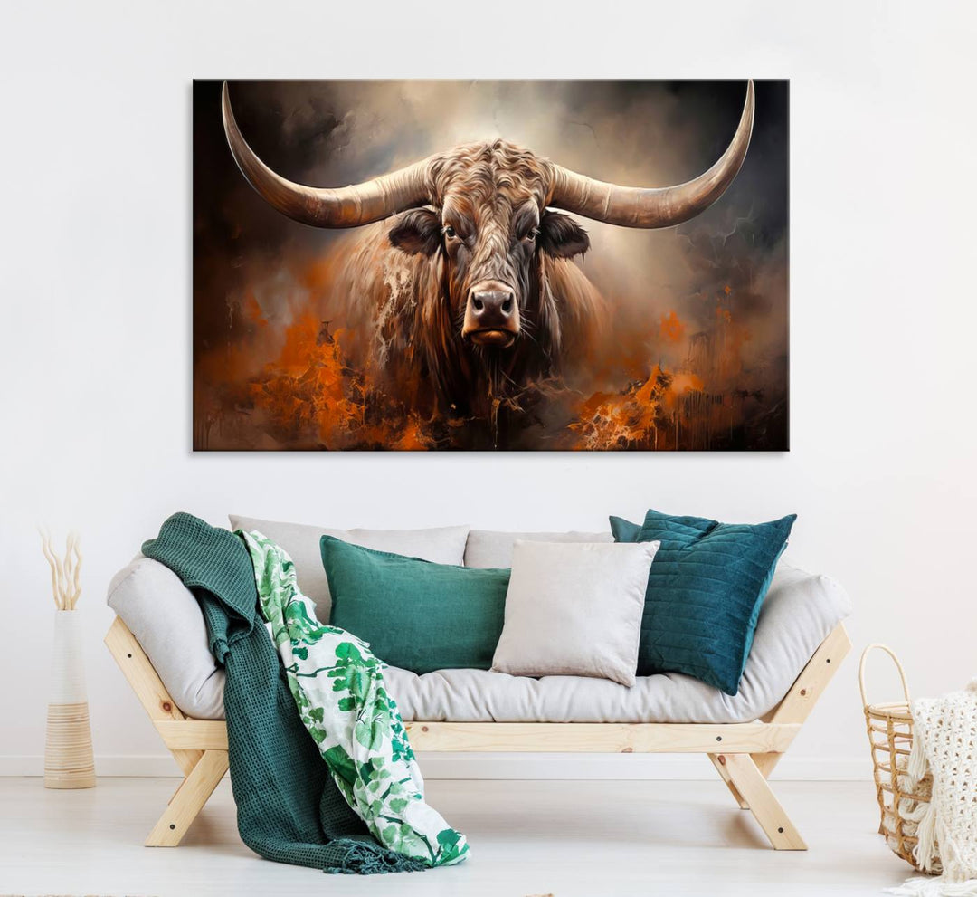 A Highland Bull with striking horns is depicted in a fiery abstract style on a ready-to-hang wall art canvas, evoking strength.