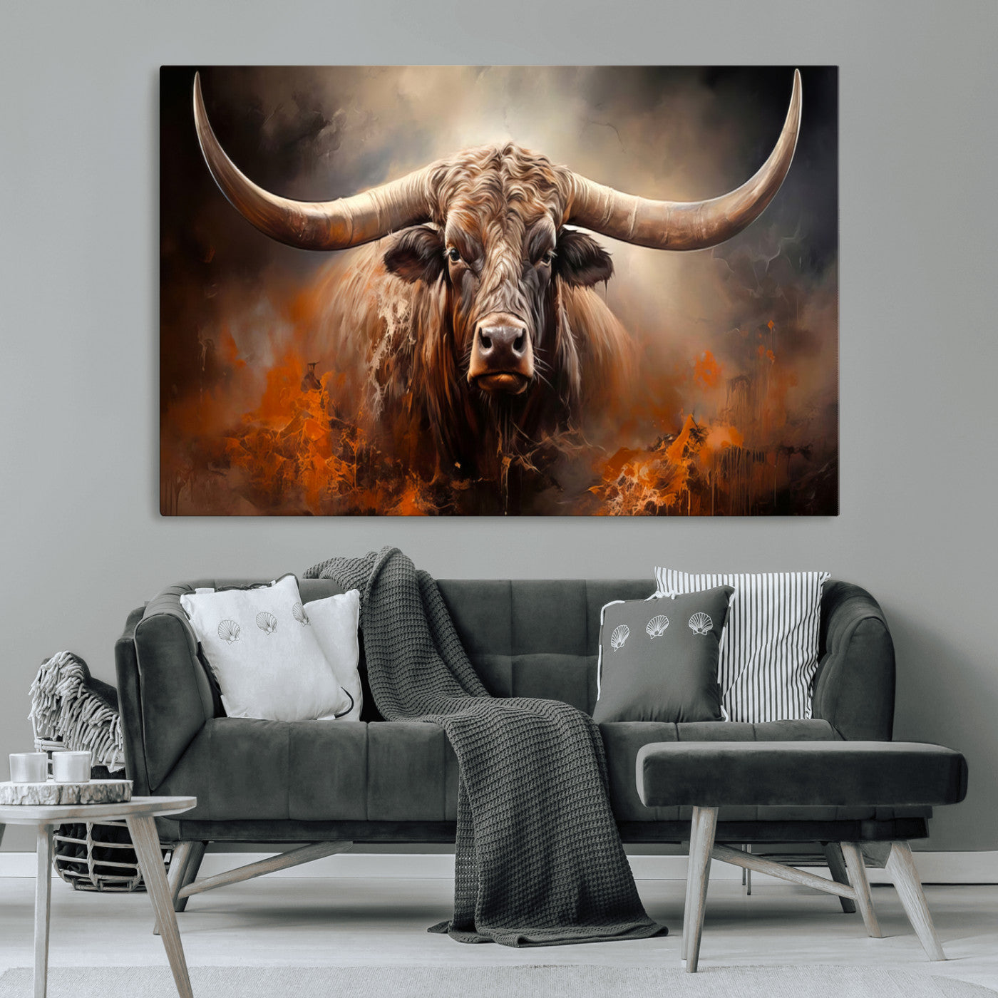 MGV-CV-36X24 - Highland Bull Canvas Abstract Canvas Wall Art Print – Powerful Highland Bull with Striking Horns in