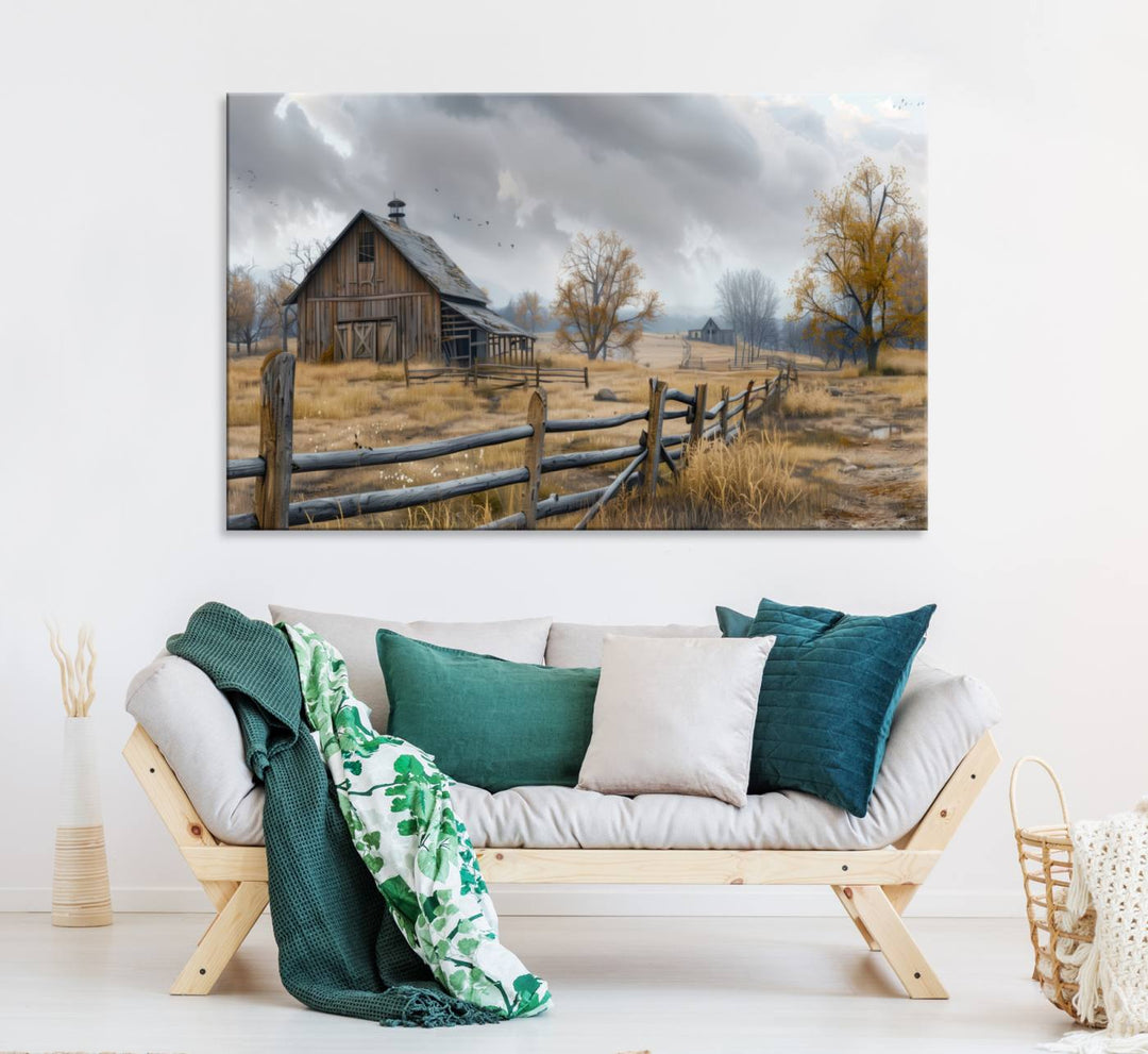 Rustic Autumn Farmhouse Wall Art – Weathered Barn & Trees Canvas Print, featuring a serene scene with birds in the sky. This piece is ready to hang.