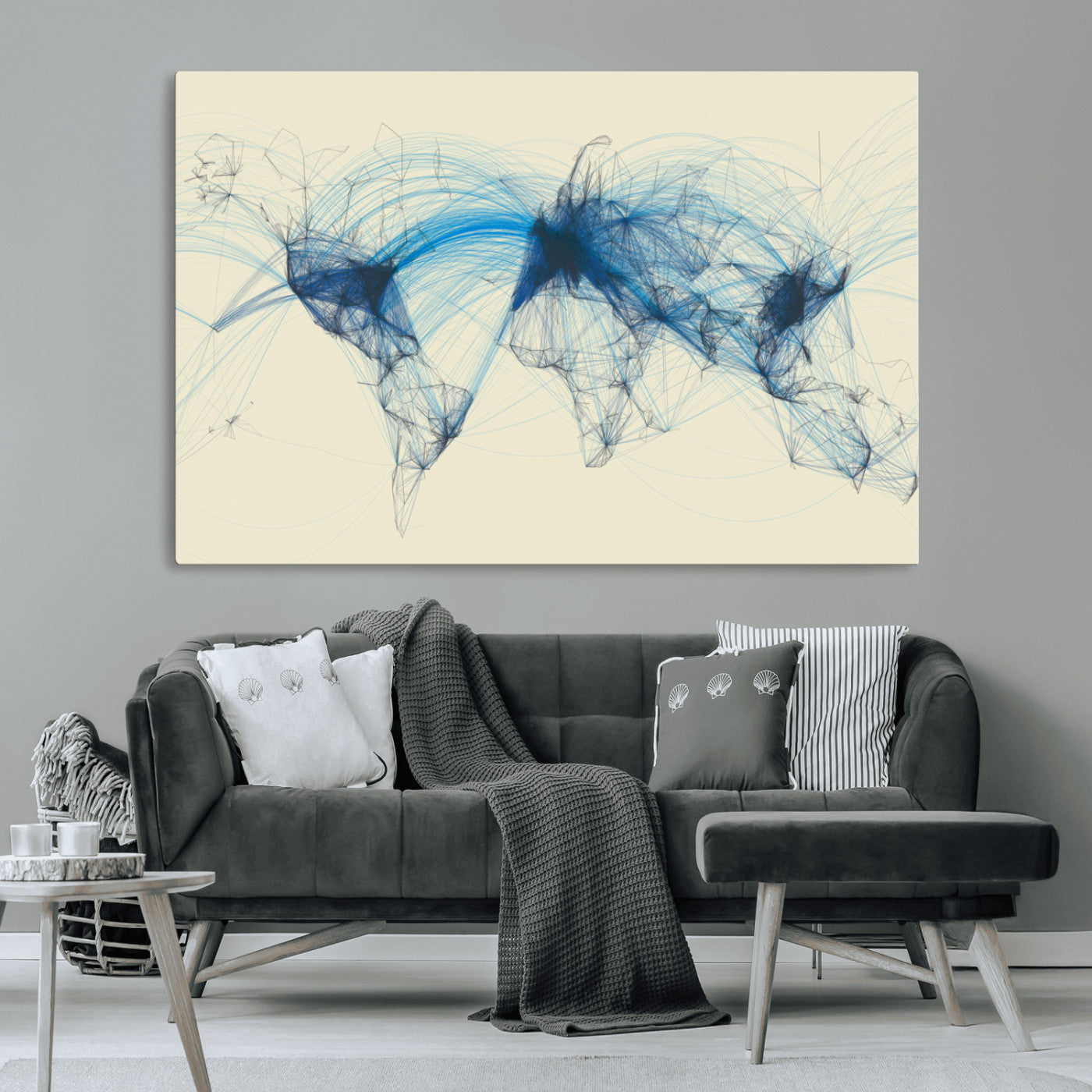 MGV-CV-36X24 - Flight Routes Map art Air Traffic Avi World Map with Blue Connections Canvas Wall Art – Modern