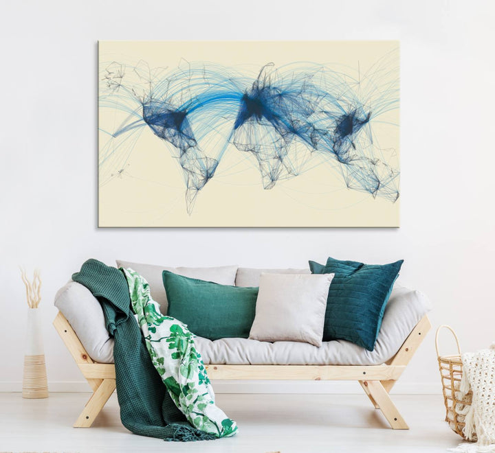 Flight Routes Map: Air Traffic Avi World Map featuring blue lines symbolizing global data. Ideal for home decor and ready to hang.