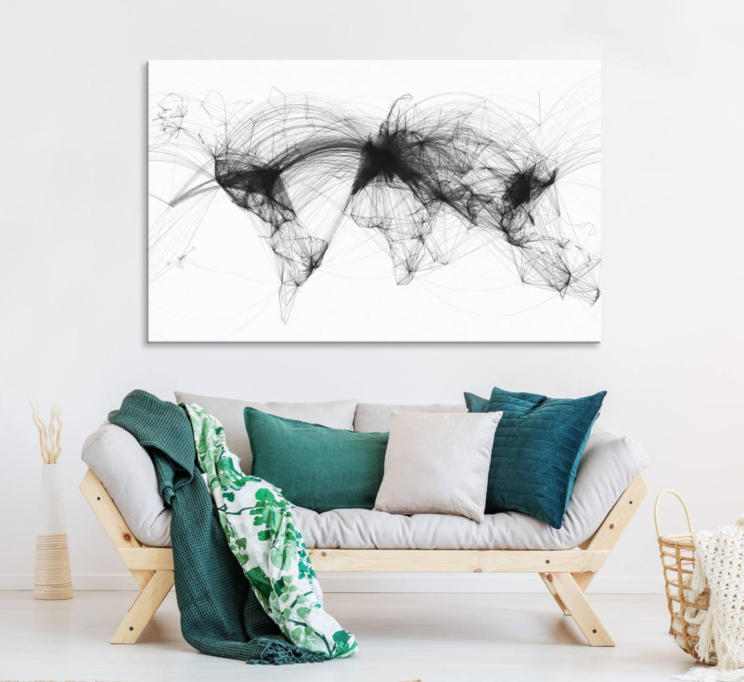 The Flight Routes Air Traffic canvas wall art, framed and ready to hang, is perfect for aviation enthusiasts.