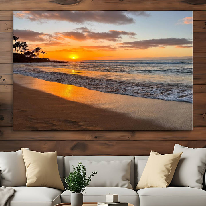 Sunset Wall Art Print featuring a beach sunset with waves and palms, perfect for coastal decor.