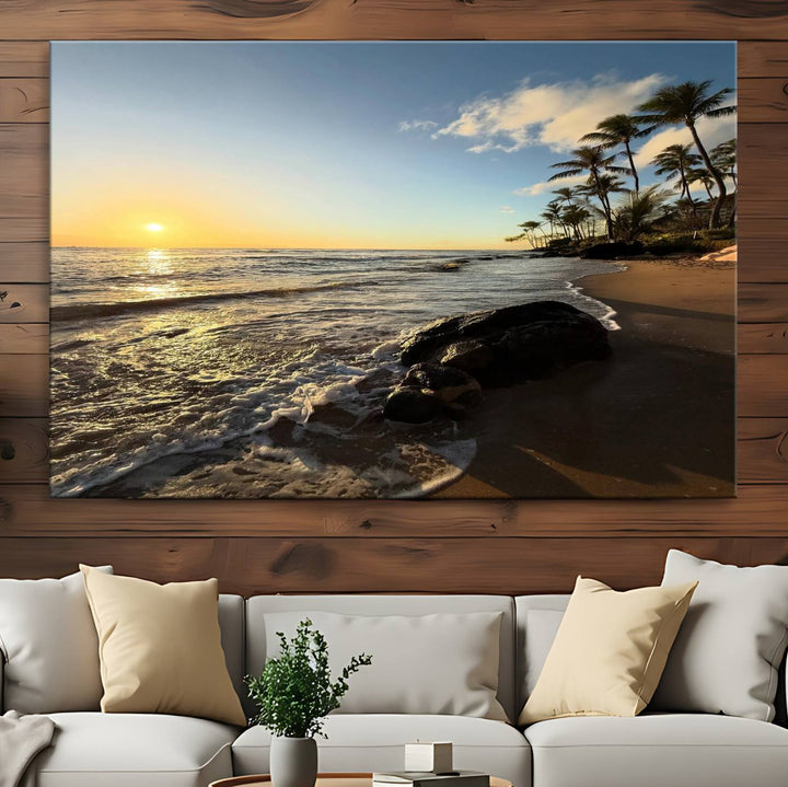 A serene tropical sunset on canvas, featuring palms and waves, serves as perfect Tropical Beach Wall Art for home or office decor.