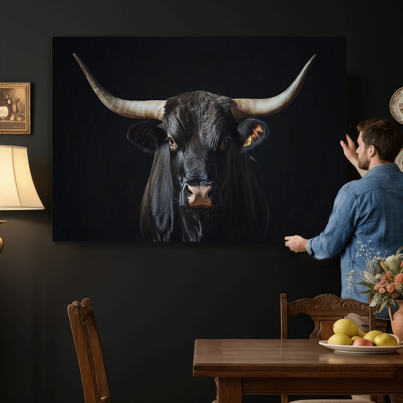48065167-MGV-CV-36X24 - Texas Longhorn Bull Wall Art Canvas Print – Western Black Bull Art Print for Farmhouse Ranch Decor