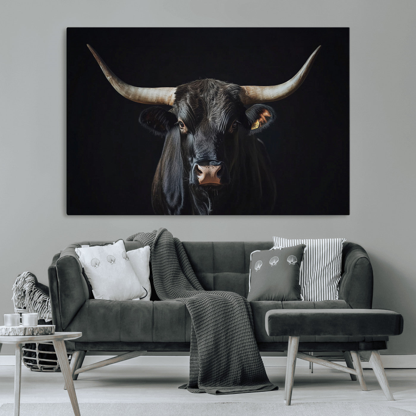 48065167-MGV-CV-36X24-Majestic Longhorn Bull Wall Art Canvas Print – Dark Background Western Ranch Portrait Artwork for Home, Office