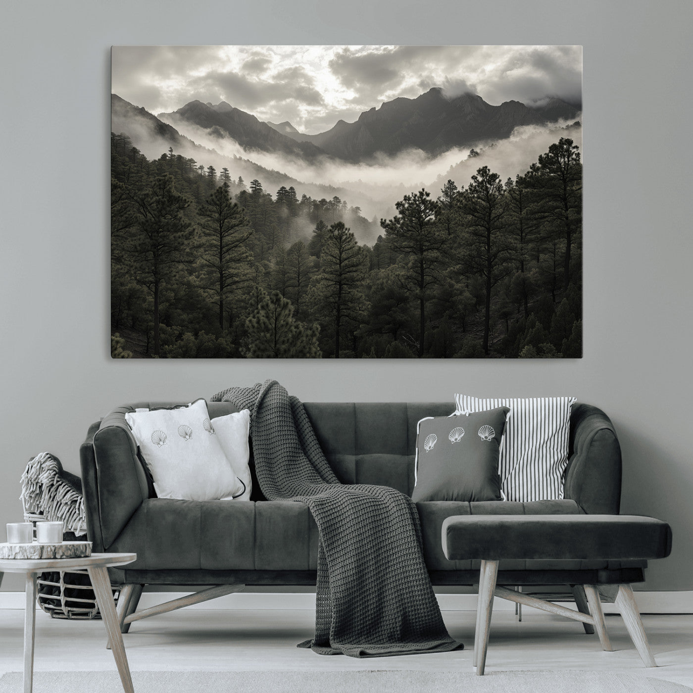 MGV-CV-36X24 - Misty Mountain Forest Wall Art – Canvas Print of Cloudy Peaks, Tranquil Pines, Enchanted Landscape, Majestic Nature Decor for Home or Office