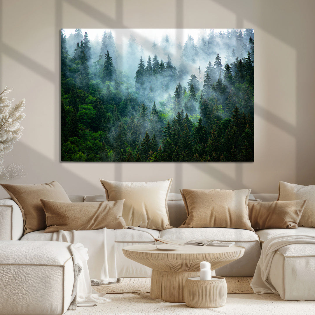 Misty Forest Art Wall Art Canvas Print, Foggy Mountain Art Print, Framed Scenic Wall Print Art Print, Large Woodland Canvas Printing Perfect