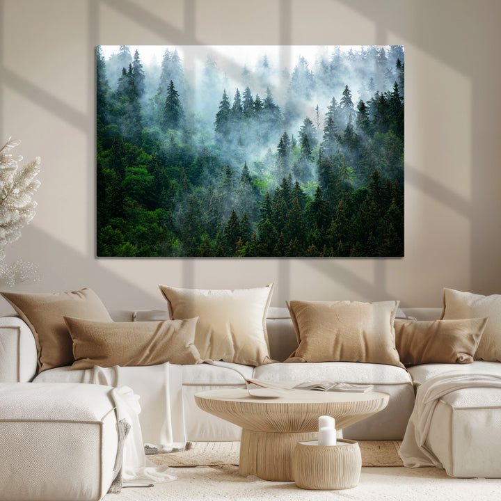 Misty Forest Art Wall Art Canvas Print, Foggy Mountain Art Print, Framed Scenic Wall Print Art Print, Large Woodland Canvas Printing Perfect