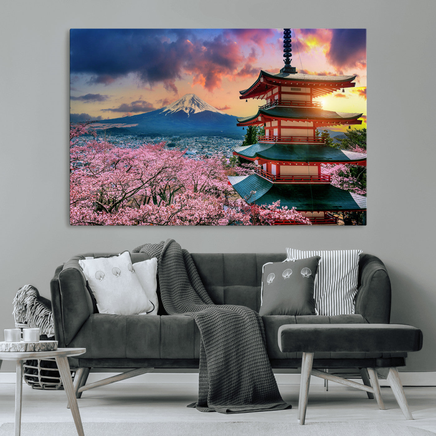 MGV-CV-36X24 - Mount Fuji & Cherry Blossom Wall Art Canvas Print – Iconic Japanese Landscape, Sakura Pagoda Sunset,
