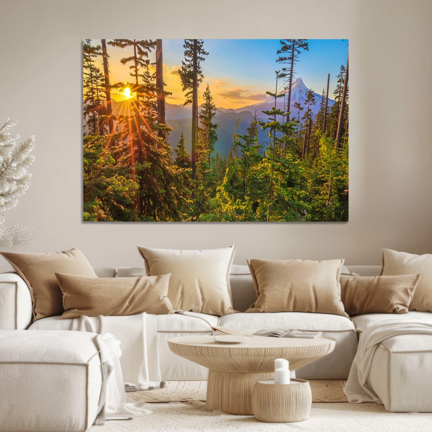 Forest Sunset Wall Art Canvas Print, Framed Sunset Trees Art Picture Print, Green Pines Perfect Rustic Nature Decor