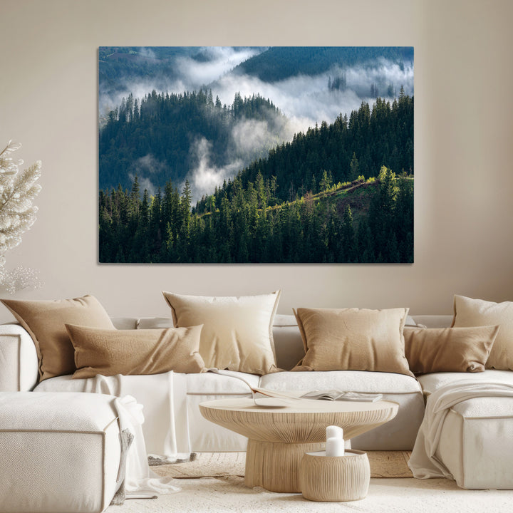 Misty Forest Wall Art Canvas Print, Framed Pine Hills Art Picture Print, Moody Hills Perfect Moody Woodland Decor Artwork