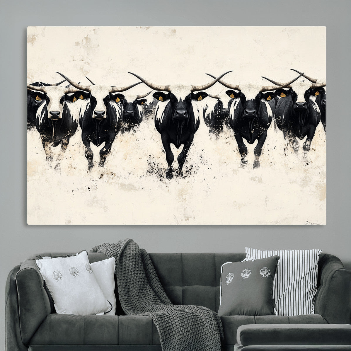 MGV-CV-36X24 - Longhorn Cattle Wall Art – Canvas Print of Herd in Motion, Symmetry and Ink Splatter, Minimalist Western Ranch, Bold Rustic Farm Decor