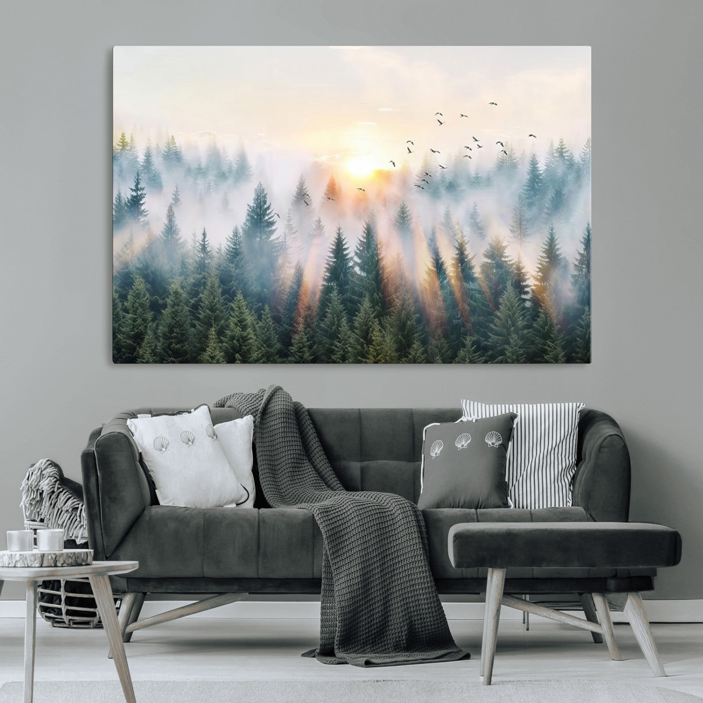 MGV-CV-36X24 - Misty Pine Forest Wall Art Canvas, Sunrise Over Foggy Trees Canvas for Home - Office, Framed