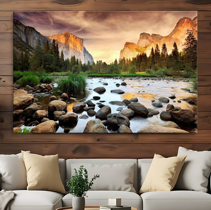 A tranquil riverside sunset mirrors the beauty of a Yosemite wall art masterpiece like the Large El Capitan Print.