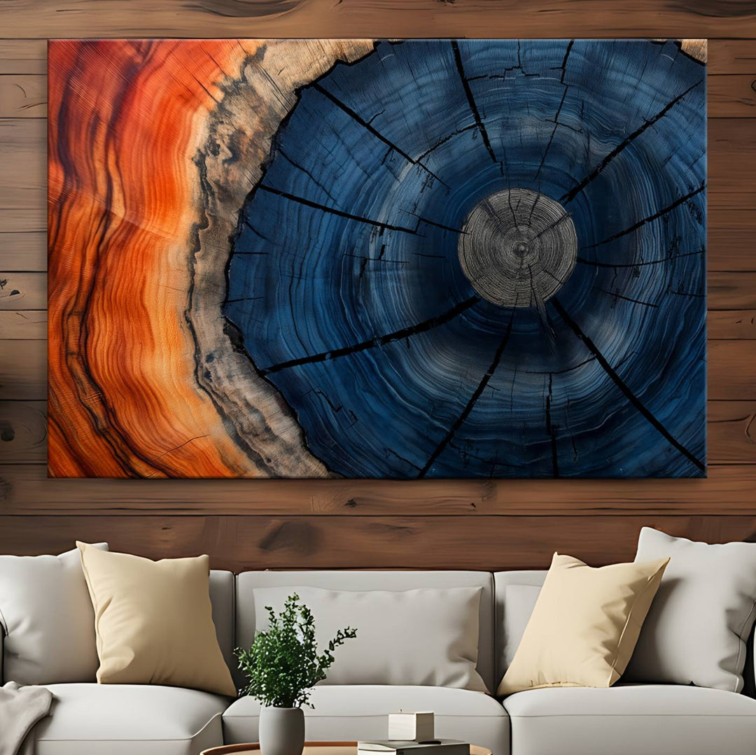 Abstract Tree Rings Canvas Print with vibrant colors—ideal farmhouse wall art for a woodland-themed home.