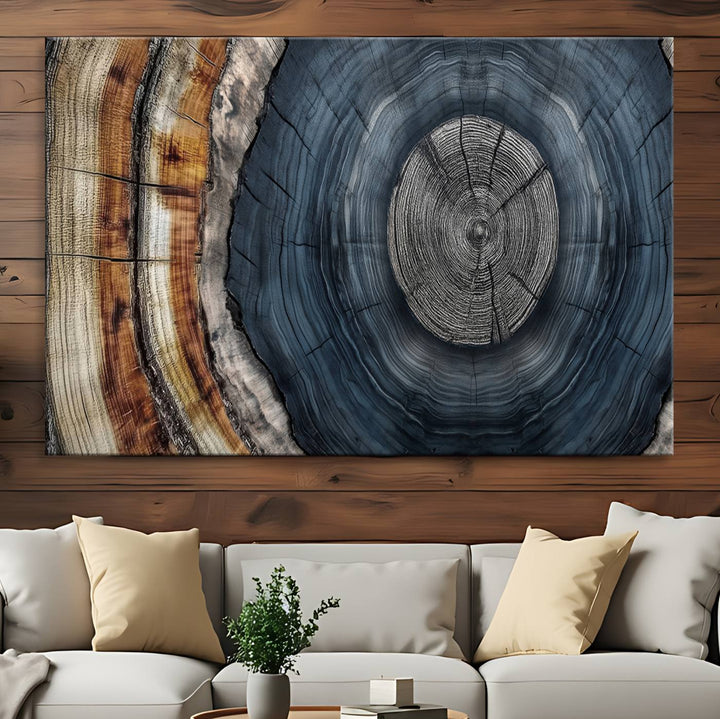 Close-up of the Abstract Tree Rings Wall Art Print featuring shades of blue, brown, and gray.