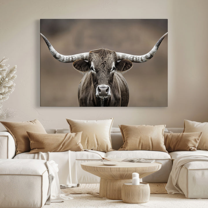 The Framed Texas Longhorn Bull Art Canvas Print adds timeless elegance to the serene setting.