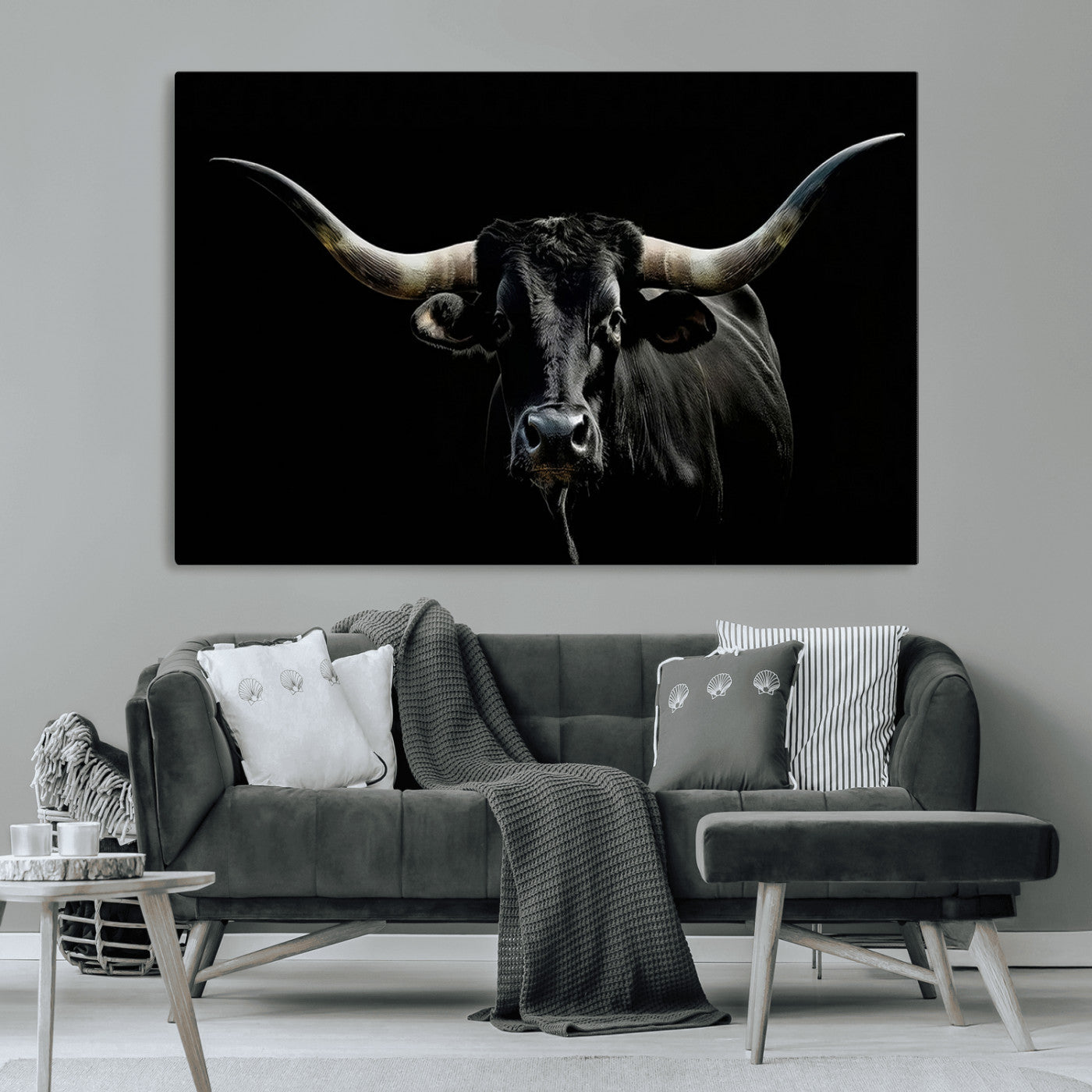 MGV-CV-36X24 - Texas Black Bull Wall Art Print, Longhorn Bull Canvas Wall Art