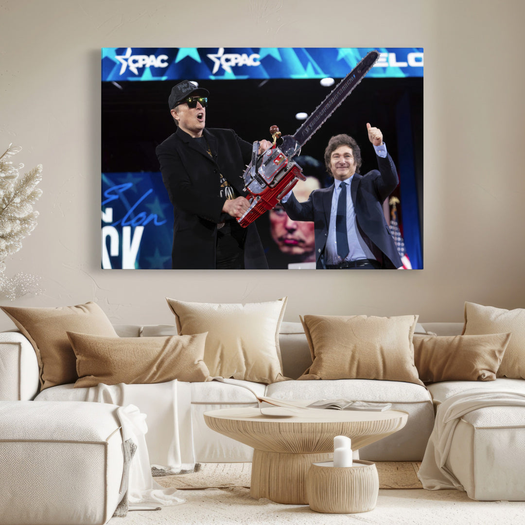 The wall art in the living room is an Elon Musk Chainsaw Art Print, depicting two men with chainsaws on stage in front of a vibrant crowd.