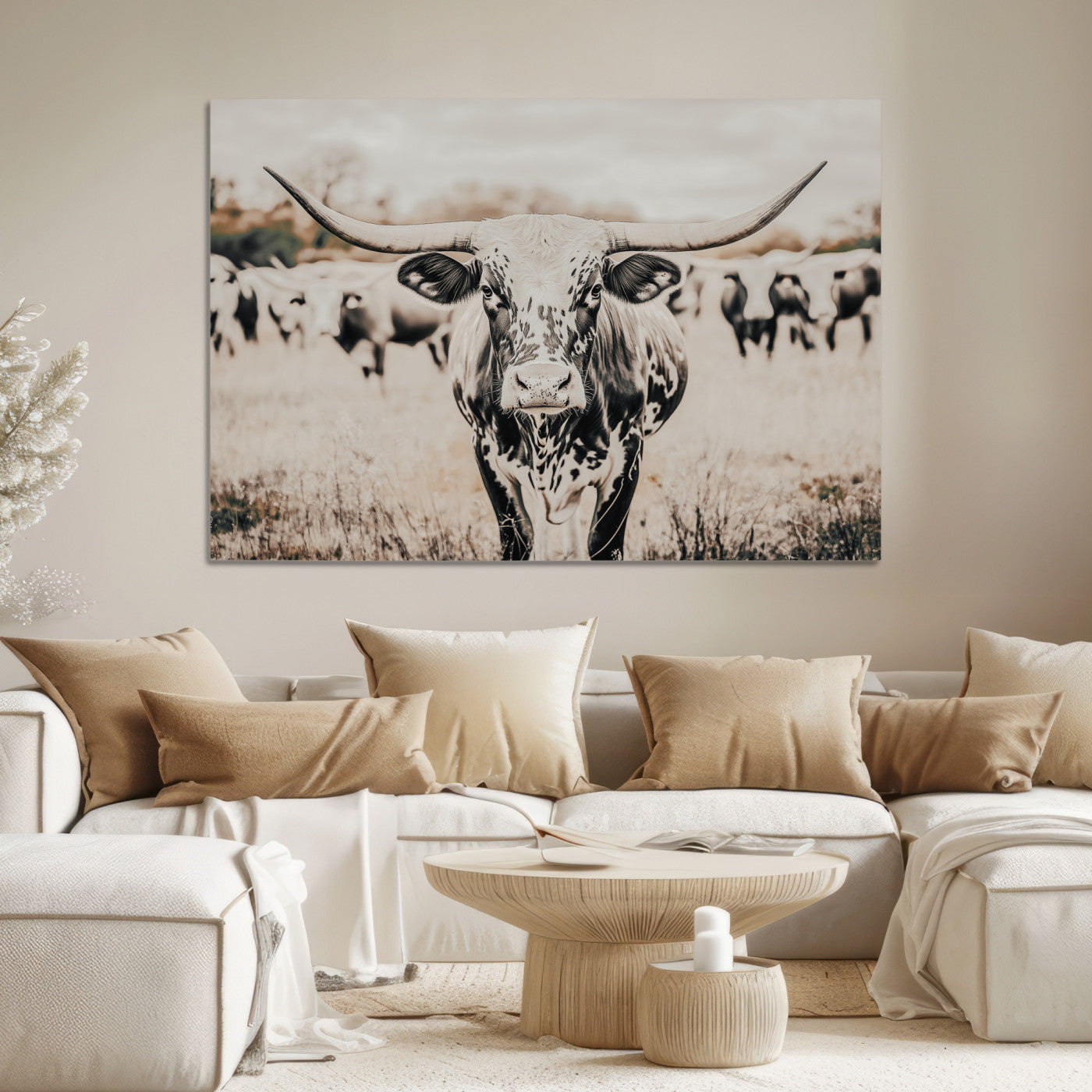 Texas Longhorn Wall Art Canvas Print, Framed Speckled Cow Art Picture Print, Horned Cattle Perfect Rustic Western Decor Artwork