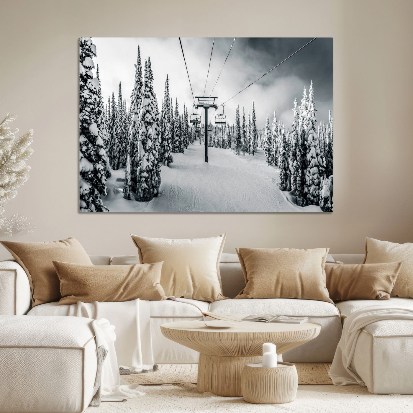 Snowy Pines Wall Art Canvas Print, Framed Ski Lift Art Picture Print, Winter Forest Perfect Moody Lodge Decor, Ski Lift Wall Art Canvas