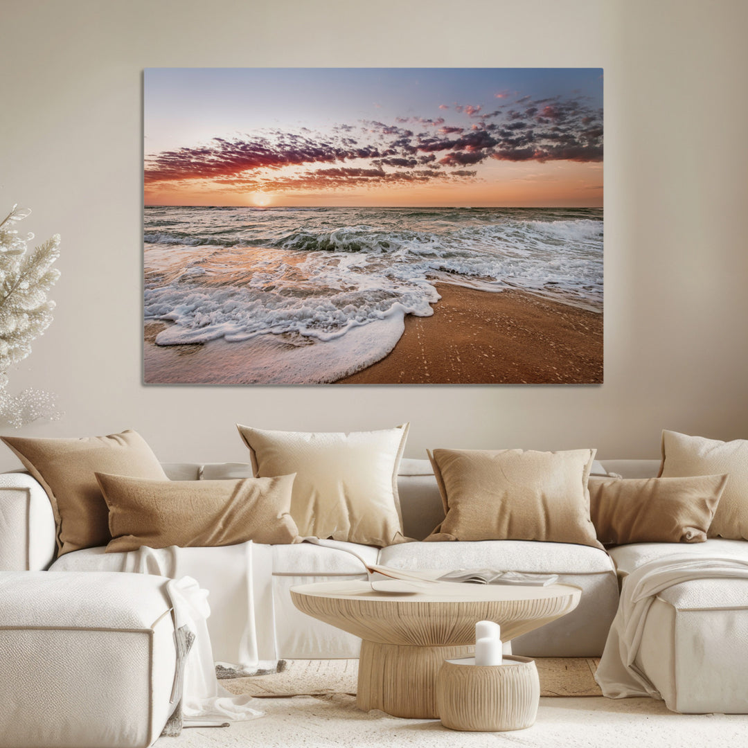 Ocean Sunset Wall Art Canvas Print, Framed Sandy Shore Art Picture Print, Gentle Waves Perfect Minimalist Coastal Decor, Ocean Waves Wall Art Print