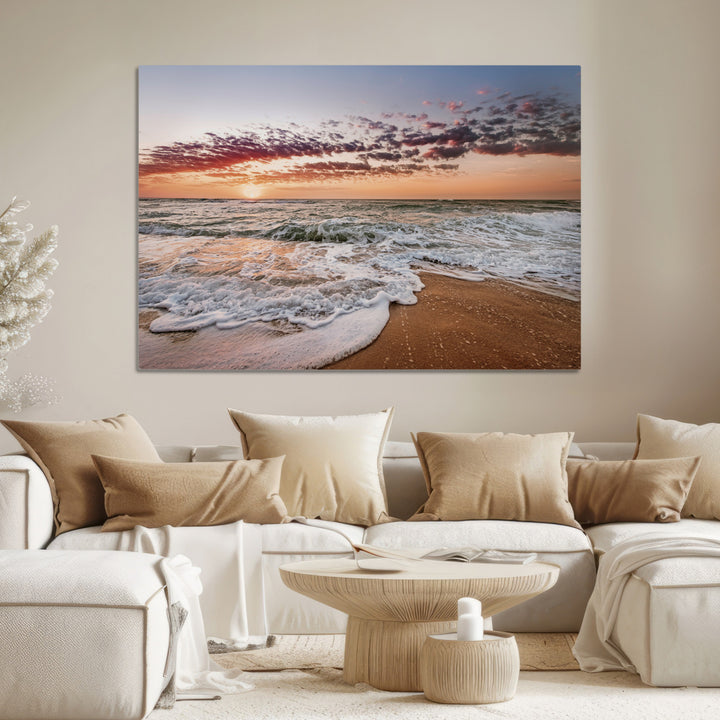 Ocean Sunset Wall Art Canvas Print, Framed Sandy Shore Art Picture Print, Gentle Waves Perfect Minimalist Coastal Decor, Ocean Waves Wall Art Print
