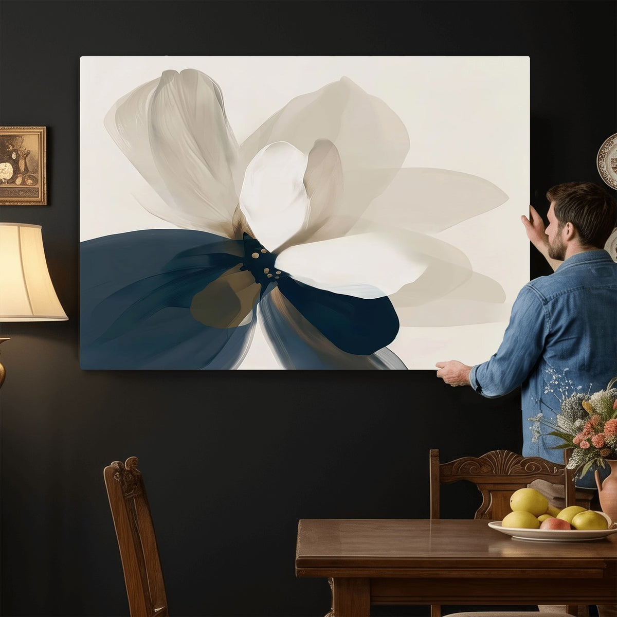 42188901-MGV-CV-24X16 - Minimal Flower Wall Art Canvas Print | Framed Beige and Navy Bloom