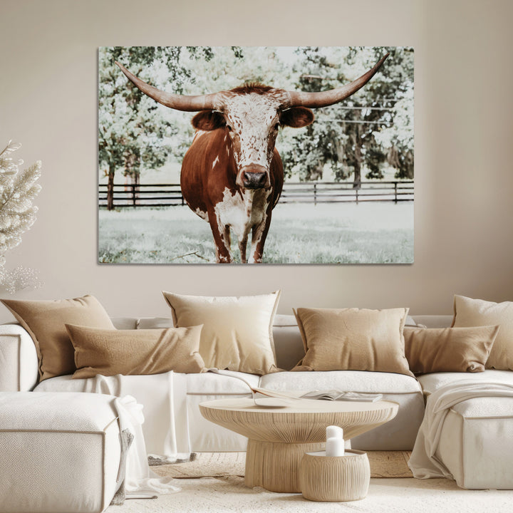Texas Longhorn Wall Art Canvas Print, Framed Spotted Cow Art Picture Print, Horned Cattle Perfect Rustic Western Decor, Framed Horned Cattle Print