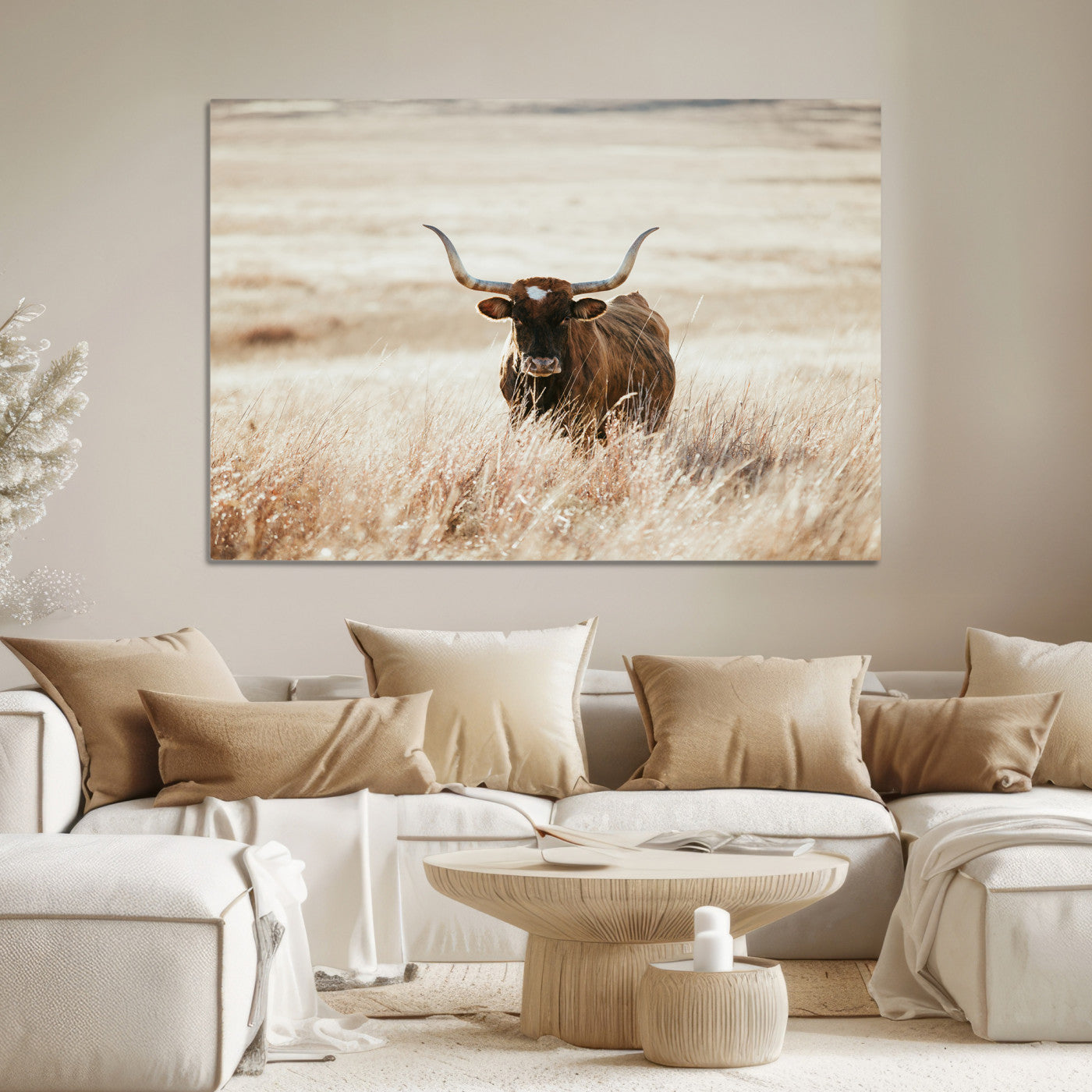 Texas Longhorn Wall Art Canvas Print, Framed Brown Cattle Art Picture Print, Horned Bull Perfect Rustic Western Decor Artwork