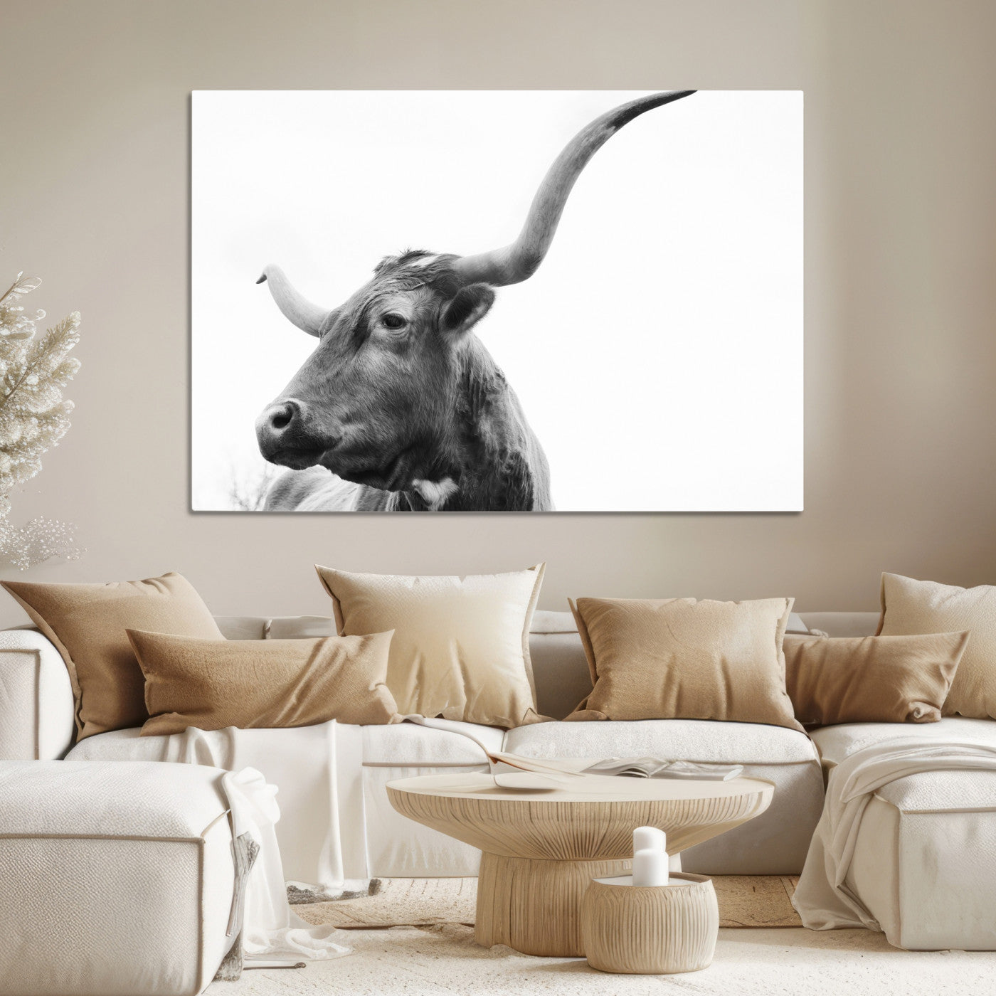 64392617-MGV-CV-36X24-Longhorn Wall Art Wall Art Canvas Print, Framed Modern Ranch Style Art Art Picture Print, Monochrome Cow Print Perfect Rustic Western Decor