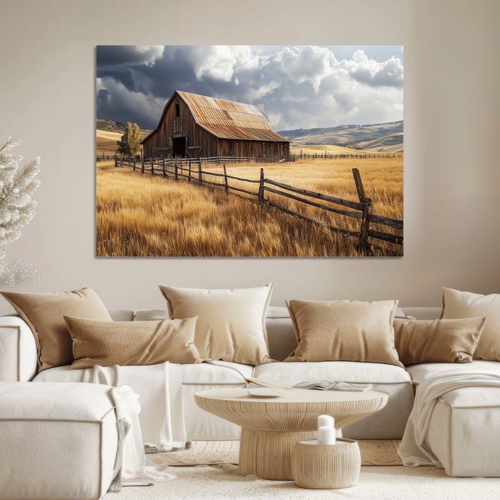 Rustic Barn Wall Art Canvas Print, Framed Moody Barn Art Picture Print, Golden Field Perfect Rustic Farmhouse Decor